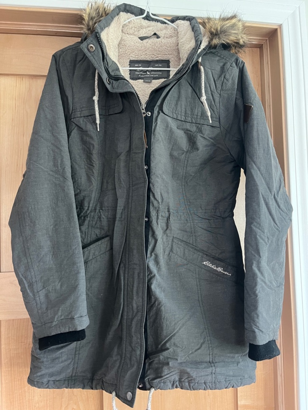 Eddie Bauer Women's Dark Gray Sherpa-Lined Hooded Parka with Faux Fur Trim